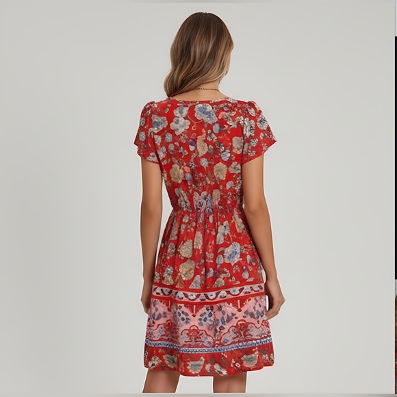 Red Boho Floral Print Petal Sleeve Dress - Picture 3 of 6